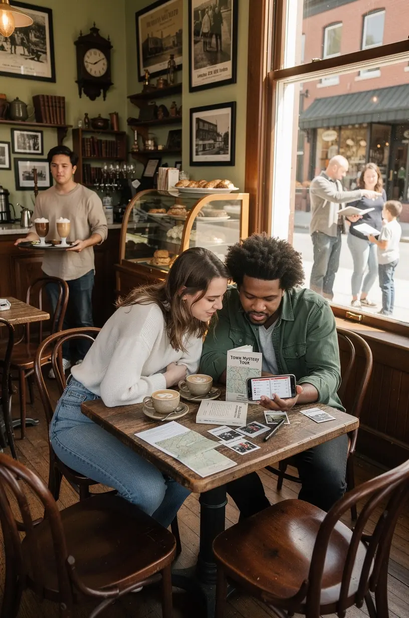 Участник получает награду от местного бизнеса после выполнения задания в рамках геймифицированной прогулки по историческим местам США.